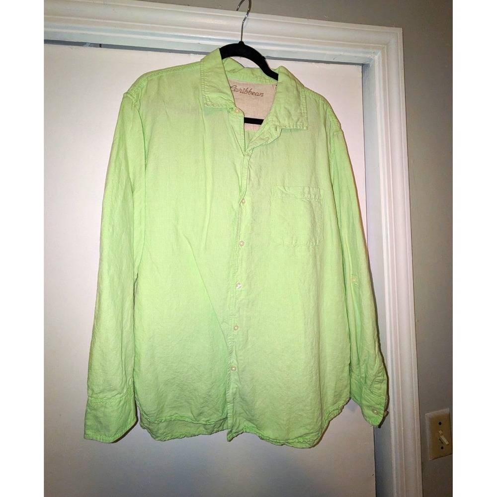Caribbean Men's Green Solid Long Sleeve Button-Up Shirt Pockets XL